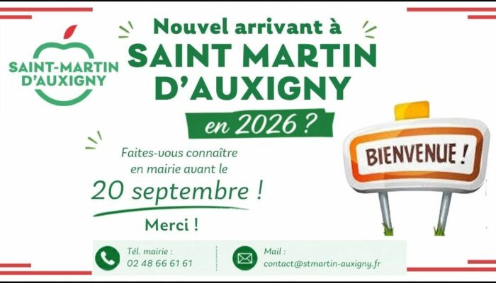 « Bienvenue à Saint-Martin d&rsquo;Auxigny : faites-vous connaître avant le 20 septembre »